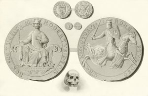 Sceau, pièces de monnaie et crâne du roi Robert Bruce - English School