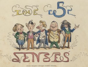 Voir, Entendre, Sentir, Goûter, Toucher (gravure en couleur) - English School