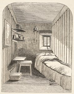 Cellule de couchage séparée dans une des nouvelles ailes de la prison pour femmes de Brixton, illustration de The Criminal Prisons of London and Scenes from Prison Life par Henry Mayhew et John Binny, pub