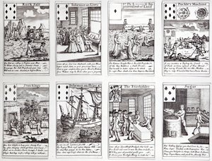 Jeu de cartes représentant des scènes satiriques des entreprises et investissements commerciaux actuels, vers 1720 - English School
