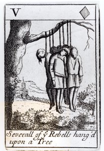 Plusieurs rebelles pendus à un arbre, carte à jouer cinq de cœur d