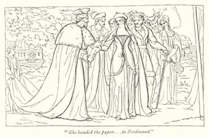 La princesse française remet à Ferdinand un document de son père (gravure) - English School