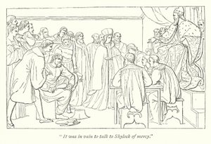 Le Marchand de Venise de Shakespeare ; Cour de jugement, le Doge invitant Portia à son siège - English School