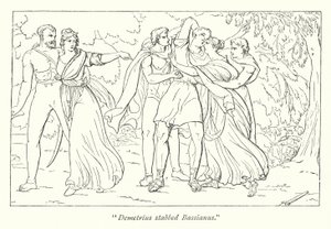 Titus Andronicus de Shakespeare; Démétrius, instigué par Tamora, assassine Bassianus - English School