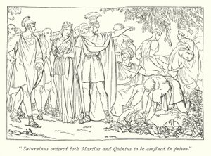 Titus Andronicus de Shakespeare; Martius et Quintus arrêtés pour le meurtre de Bassianus - English School