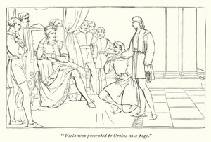 La Nuit des rois de Shakespeare; La légende présentant Viola à Orsino - English School