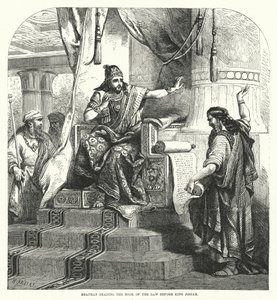 Shaphan lisant le livre de la loi devant le roi Josias (gravure) - English School