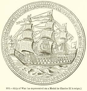 Navire de guerre (représenté sur une médaille du règne de Charles II) - English School