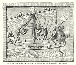 Navire sur la tombe de "Naevoleia Tyche et de Munatius," à Pompéi (gravure en couleur) - English School