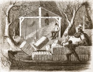 Tir de balles de coton dans la partie avant du bateau à vapeur Magnolia, illustration de The Illustrated London News, 1861 - English School