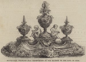 Encrier en argent doré pour présentation par Sa Majesté au roi de Siam (gravure)