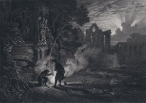 Sir Arthur et Dousterswivel dans les ruines de Saint Ruth (gravure) - English School