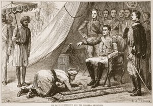Sir David Ochterlony et le messager Ghoorka, illustration de Cassells Illustrated History of India par James Grant, pub. 1879 - English School