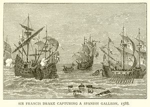 Sir Francis Drake capturant un galion espagnol, 1588 - English School