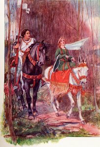 Sir Lancelot et la reine Guenièvre. Illustration en couleur du livre The Gateway to Tennyson publié en 1910. - English School