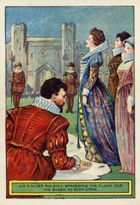 Sir Walter Raleigh étendant son manteau pour que la reine marche dessus - English School