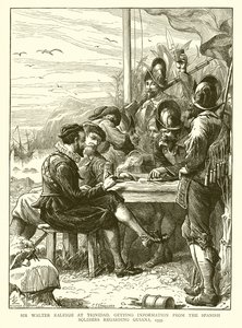 Sir Walter Raleigh à Trinidad, obtenant des Informations des Soldats Espagnols concernant la Guyane, 1595 - English School