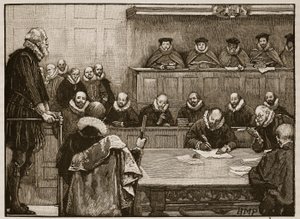 Sir Walter Raleigh devant les juges, illustration de Cassells Illustrated History of England