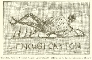 Squelette, avec la maxime socratique : Connais-toi toi-même (Mosaïque au Musée Kircher à Rome) - English School