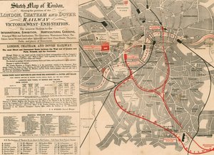 Carte schématique de Londres montrant la position du chemin de fer de Londres, Chatham et Dover