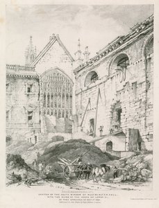Croquis de la fenêtre sud de Westminster Hall avec les ruines de la Chambre des Lords - English School