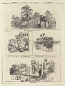 Croquis de bâtiments anciens à Dacca, Bengale (gravure) - English School