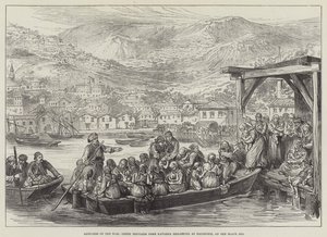 Croquis de la guerre, réfugiés grecs de Kavarna embarquant à Baltschik, sur la mer Noire - English School