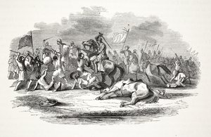 Escarmouche à proximité du château de Chirck, publié au 19ème siècle (gravure sur acier) - English School