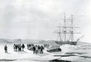 Expédition en traîneau quittant le HMS Investigator dans la baie de Mercy, sous le commandement du lieutenant Gurney Creswell (lithographie) - English School