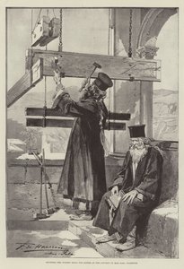 Sonnant les cloches en bois pour Pâques au couvent de Mar Saba, Palestine (gravure)