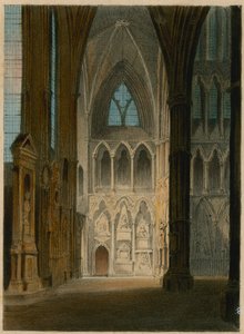 Vues protéennes de Spooner : Le Coin des Poètes, abbaye de Westminster, Londres, changeant en Les Ombres de Shakespeare, Scott et Byron - English School