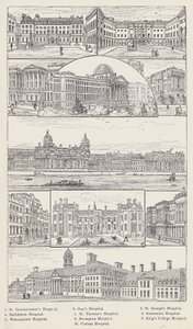 Hôpital Saint-Barthélemy, Hôpital Guy, Hôpital Saint-Georges, Hôpital de Bethléem, Hôpital Saint-Thomas, Hôpital de Greenwich, Hôpital de Westminster, Hôpital de Brompton, Hôpital du King