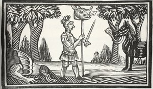 Saint George avec la tête du dragon, illustration de Chap-books du XVIIIe siècle par John Ashton, pub. 1882 - English School