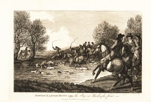 Chasseurs de cerfs et chiens chassant un faon dans la chasse de Pâques d