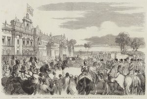 Ouverture officielle de la Grande Exposition, Sa Majesté quittant le palais de Buckingham (gravure) - English School
