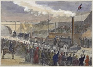 La fusée de Stephenson arrivant en premier à la compétition de locomotives à Rainhill en 1829 - English School