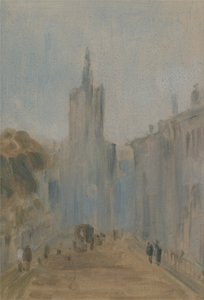 Rue avec église et figures précédemment attribué à J.M.W. Turner (1775-1851) et aussi attribué à Peter de Wint (1784-1849), 1822-25 - English School