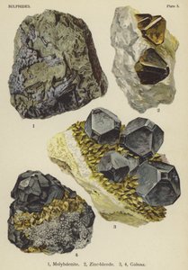 Sulfures, molybdénite, blende de zinc, galène (lithographie en couleur)