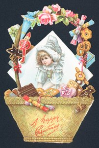 Panier de bonbons et image de fille, carte de Noël - English School