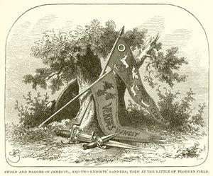 Épée et dague de Jacques IV, et deux bannières de chevaliers, utilisées à la bataille de Flodden Field - English School