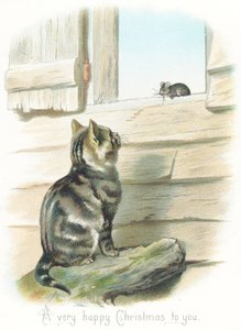 Chat tigré regardant une souris, Carte de Noël - English School