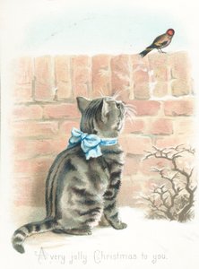 Chat tigré regardant un pinson sur le mur, Carte de Noël - English School