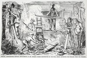 Tableau, représentant de nouvelles améliorations à la maison de M. Briggs - destruction du mur qui sépare le salon du couloir, illustration de Punch