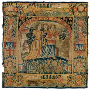 Coussin de tapisserie représentant Suzanne en route pour le bain, fabriqué à Sheldon, Angleterre, après 1600 - English School