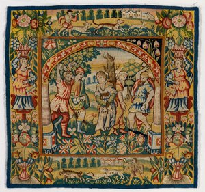 Housse de coussin en tapisserie représentant La Lapidation des Anciens (une des six tapisseries Sheldon, comprenant 47.9 à 47.14), fabriquée à Sheldon, Angleterre, si authentique - English School