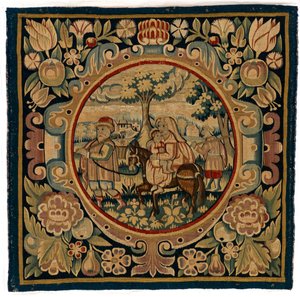 Housse de coussin en tapisserie représentant la Fuite en Égypte - English School