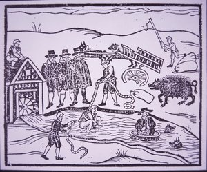 Test des sorcières en les jetant dans une rivière (gravure sur bois) - English School