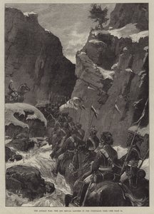 La guerre afghane, les 10e lanciers du Bengale dans le col de Jugdulluk (gravure) - English School