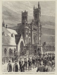 La célébration du centenaire américain, parade des chevaliers-templiers devant le temple maçonnique, Philadelphie (gravure) - English School
