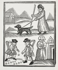 Le mendiant voyageant avec son chien, ramène une grande richesse à la maison, avec laquelle il surpasse le chevalier, et marie son enfant à son grand plaisir, illustration de Chap-books du XVIIIe siècle par John Ashton, pub. 1882 - English School